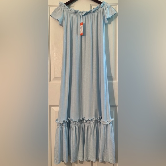 SUNDRY Off Shoulder Cotton Stretch Maxi Sky Blue 2 Medium Tiered Ruffle MADE USA - Picture 5 of 15